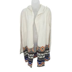 Cream Color with Aztec Design Open Front Hooded Long Sleeve Womens Sweater XL